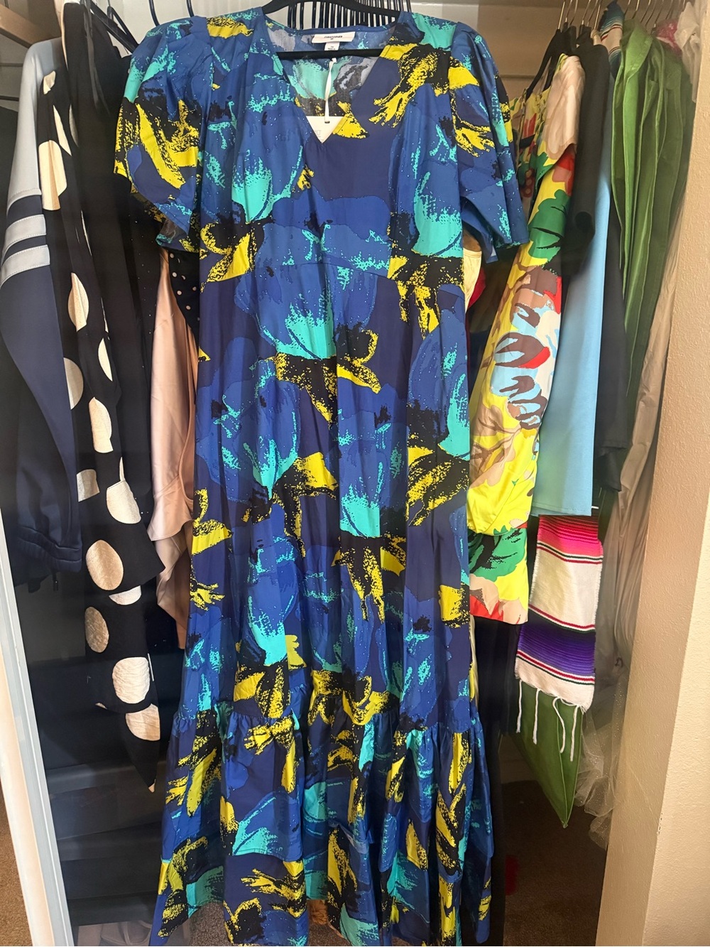 Christopher John Rogers Navy Maxi Dress with Teal and Yellow Abstract Print